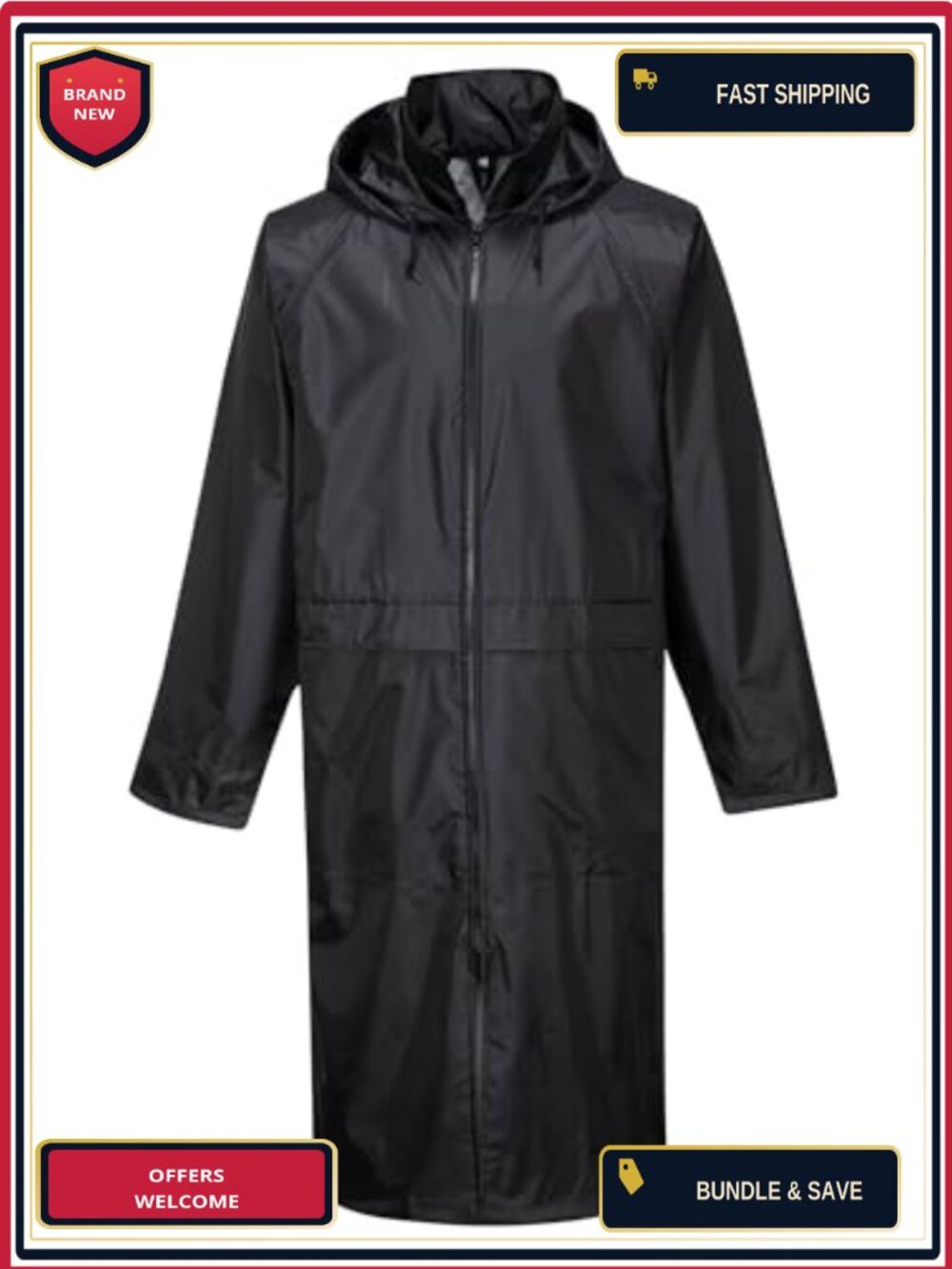 Waterproof Hooded Long Raincoat with Sealed Seams and Pockets